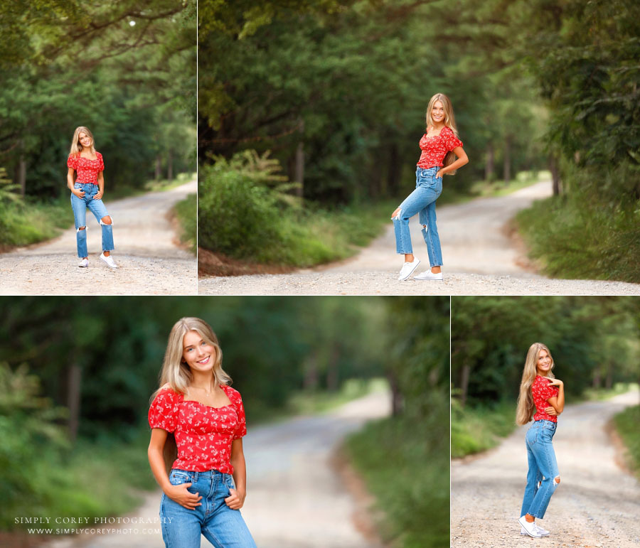 Douglasville senior portraits photographer, girl in jeans on country road