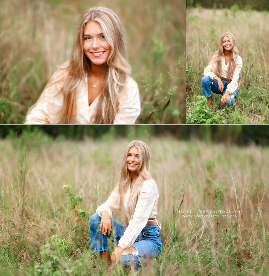 Newnan senior portraits photographer, teen girl outside in grassy field