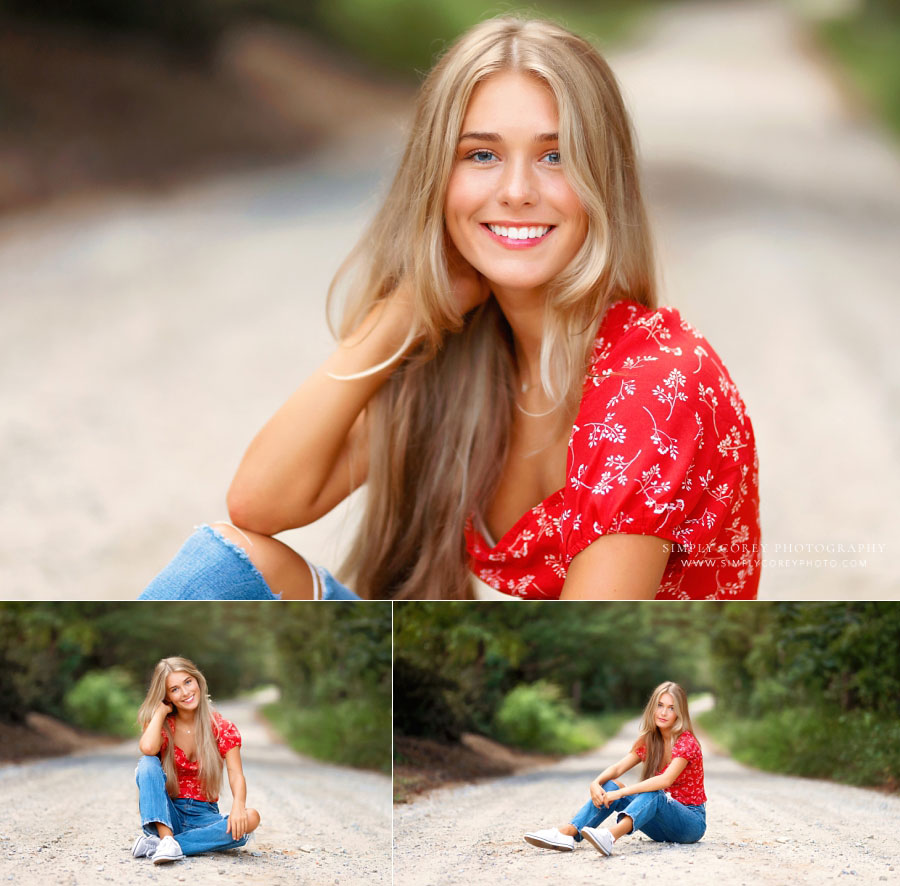 senior portrait photographer near Newnan, teen girl outside on country dirt road