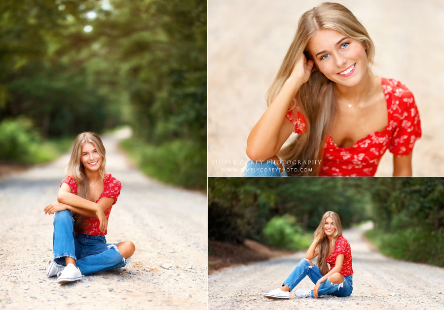 senior portrait photographer near Tallapoosa, teen girl in jeans outside on country road