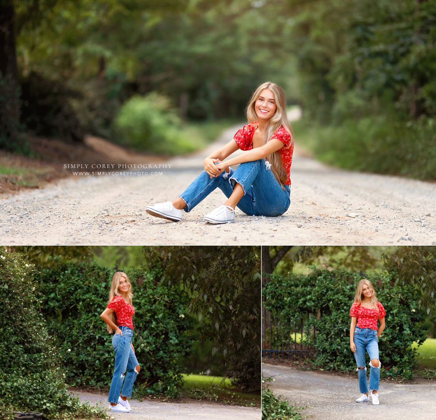 senior portrait photographer near Tyrone, outdoor session with teen on dirt road