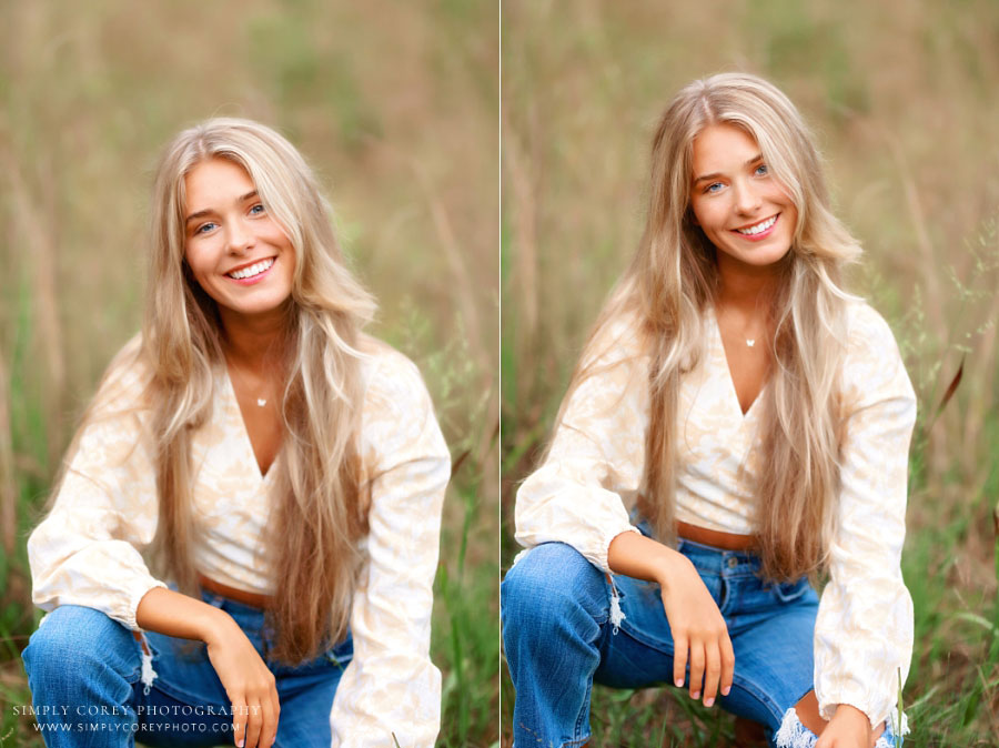 senor portrait photographer near Villa Rica, teen girl in jeans outside in grassy field