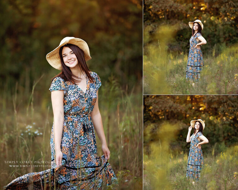 Atlanta senior portraits of teen girl in dress outside in field