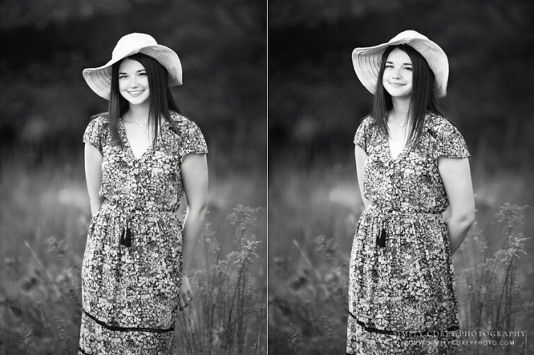 outdoor black and white senior portraits of teen girl by photographer near Hiram