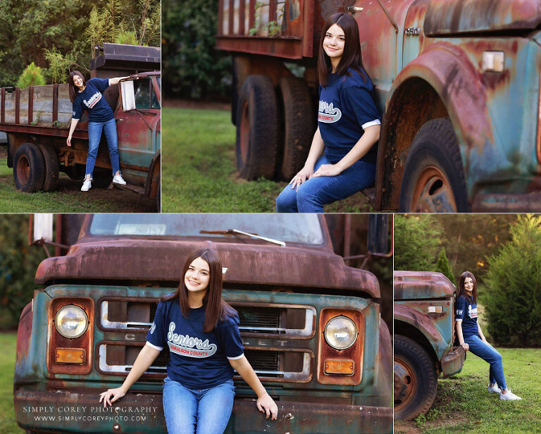 senior portrait photographer near Bremen, teen girl outside with vintage truck