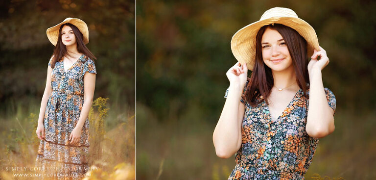 senior portrait photographer near Peachtree City, outdoor portraits of teen girl in hat