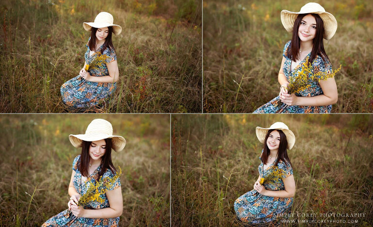 senior portraits near Newnan, teen girl outside in field with flowers