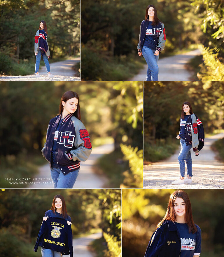 Tallapoosa senior portrait photographer, teen girl outside with letterman jacket