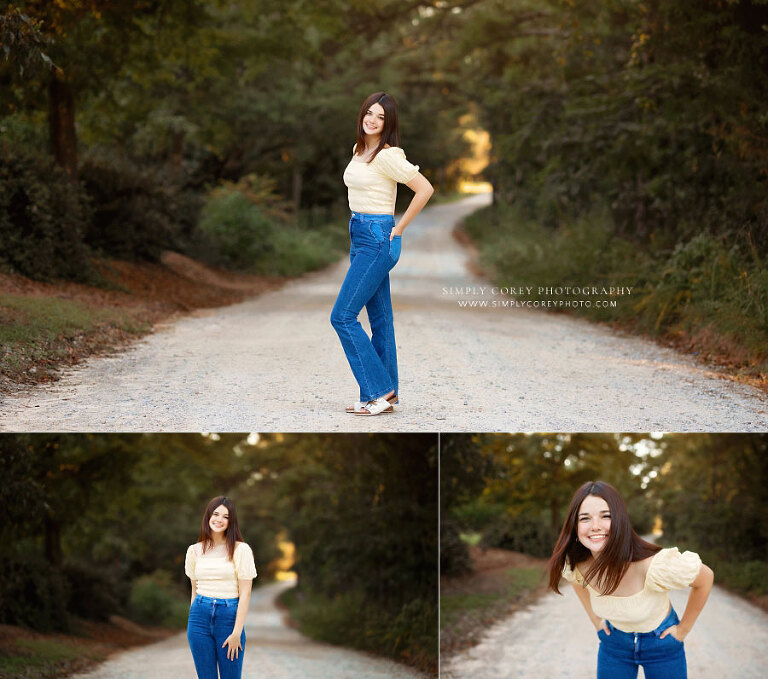 Hiram senior portrait photographer, teen girl outside on country road