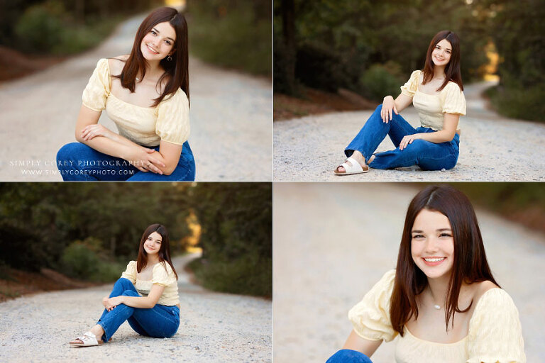 senior portrait photographer near Dallas, GA; teen girl on country road