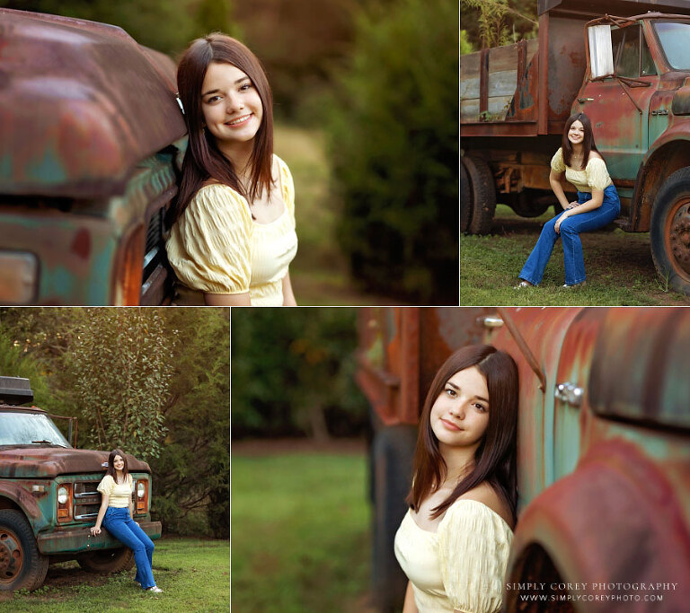 senior portraits near Carrollton, GA; teen girl outside with vintage truck
