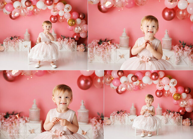 baby photographer near Carrollton, GA; pink butterfly cake smash session