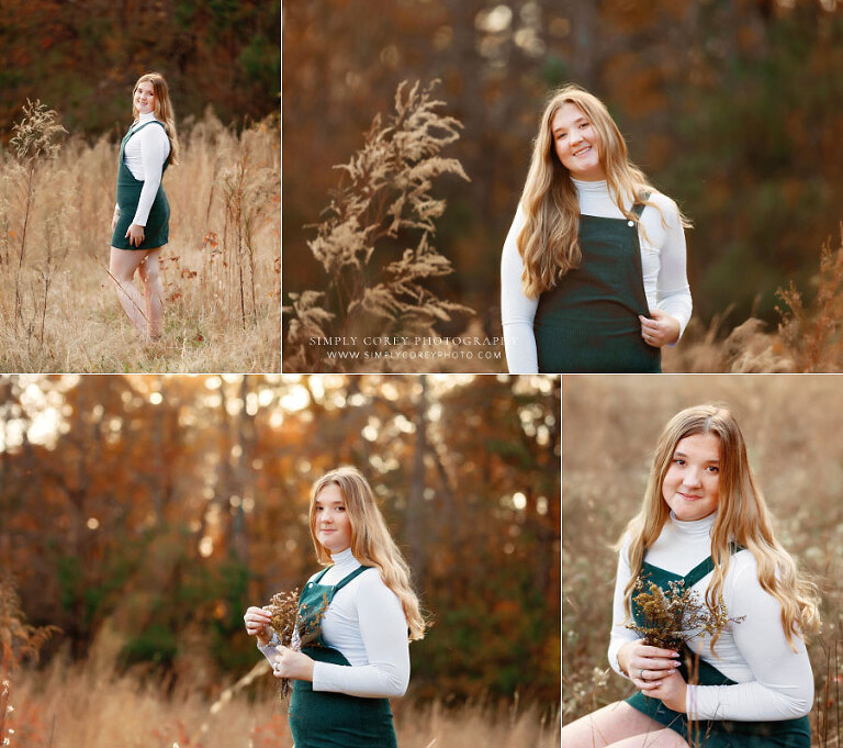 Douglasville senior portrait photographer, teen girl in green jumper outside in field