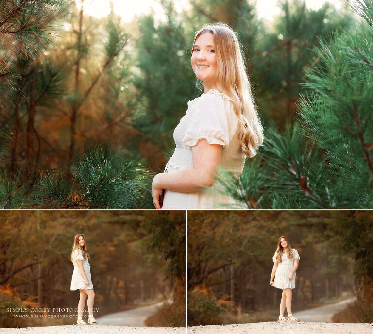Mableton senior portrait photographer, teen girl outside with pine trees