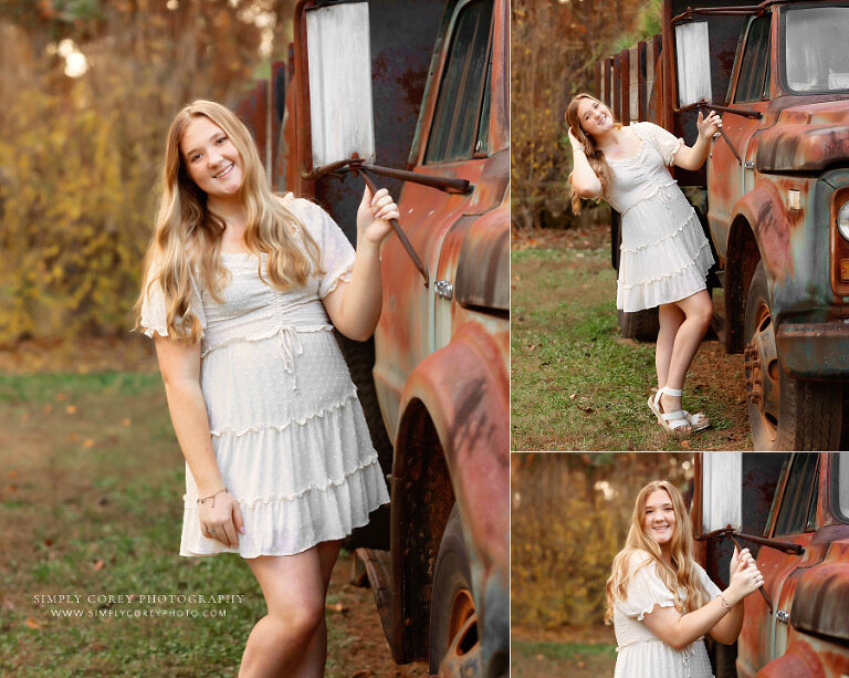 senior portraits near Bremen, teen girl in dress with vintage dump truck