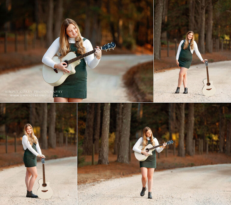 senior portraits near Douglasville, teen girl in green outside on road with guitar