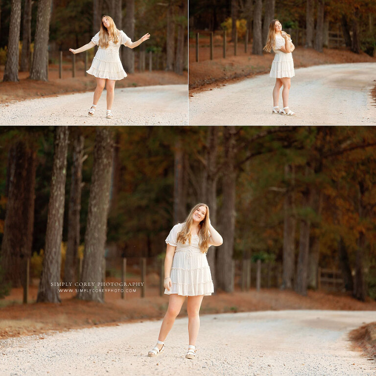 senior portraits near Hiram, teen girl outside on dirt road with trees