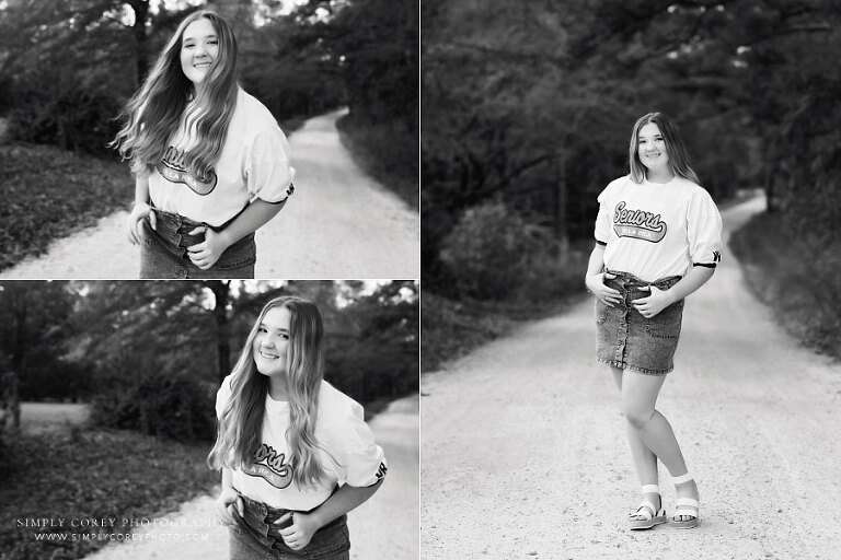 senior portraits in West Georgia, black and white outdoor photos of teen girl in jersey