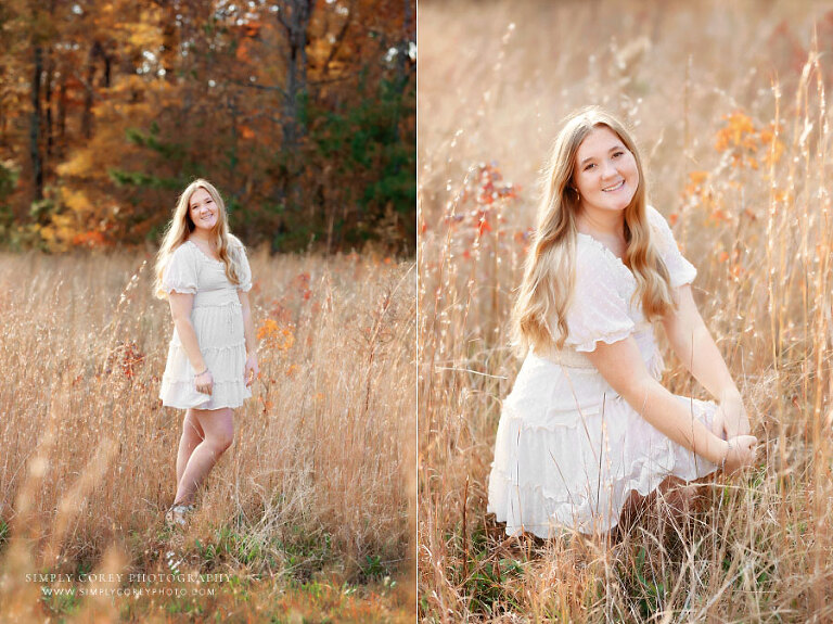 Villa Rica senior portrait photographer, teen girl in tall grass in fall