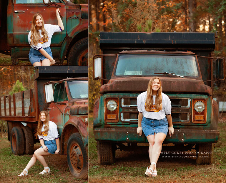 West Georgia senior portrait photographer, teen girl in Villa Rica jersey with old truck