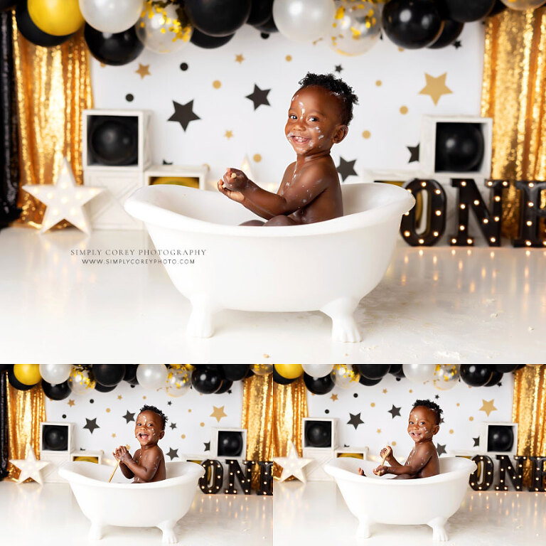 baby photographer near Villa Rica, boy in tub after studio cake smash session