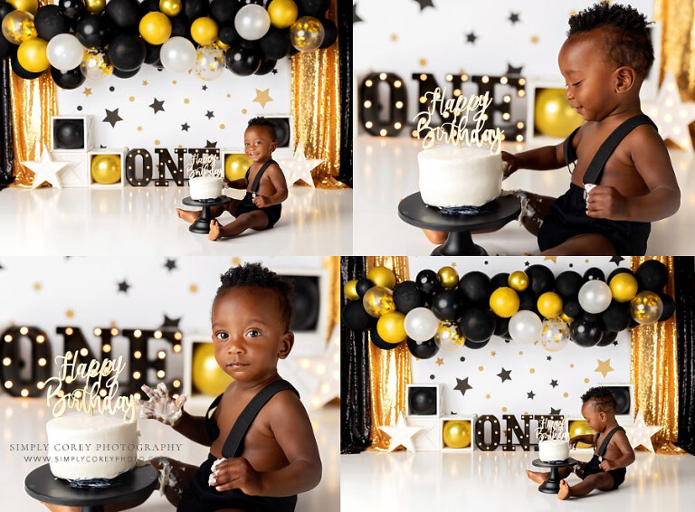 cake smash photographer near Mableton, baby with black gold studio set