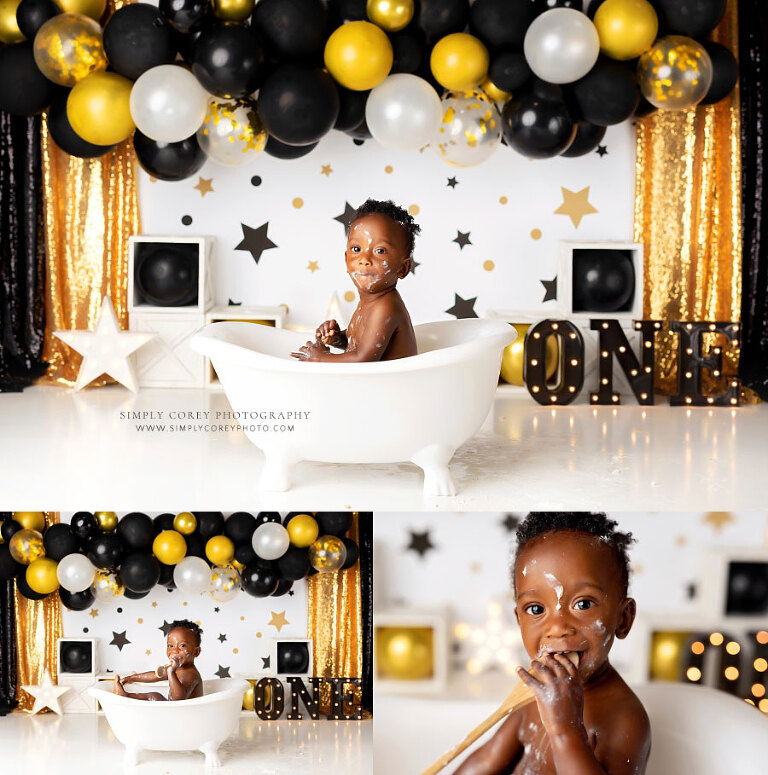 Douglasville baby photographer, boy in tub for studio cake smash session