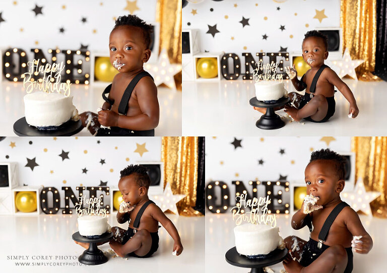 Douglasville cake smash photographer, baby with gold and black studio set