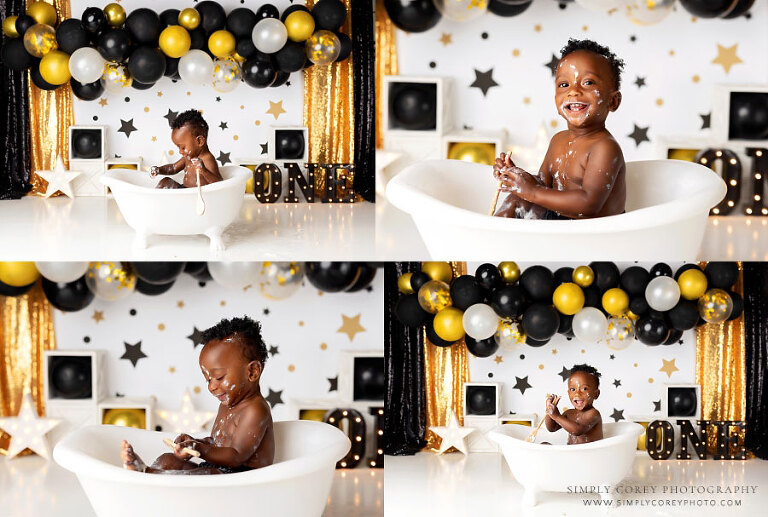 Newnan baby photographer, boy in tub after cake smash session