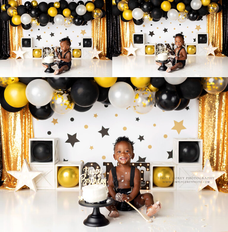 Newnan cake smash photographer, baby with black and gold studio milestone session
