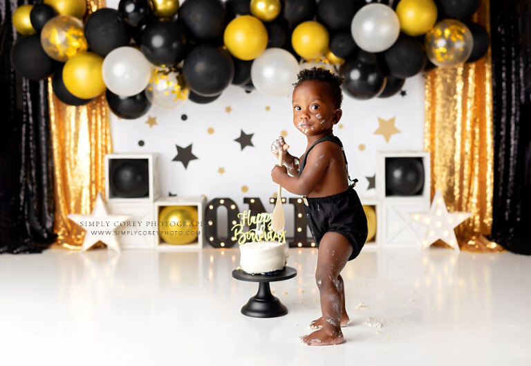 Villa Rica baby photographer, black gold studio cake smash session