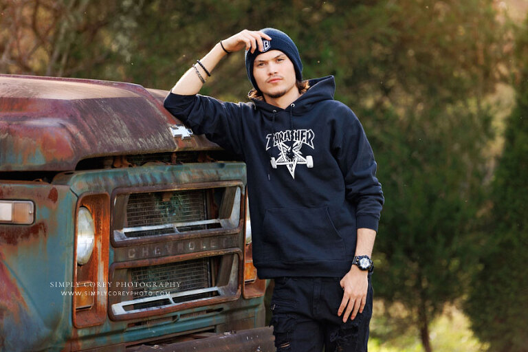 Hiram senior portrait photographer, teen outside with vintage truck