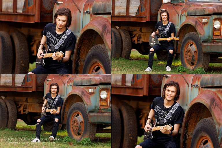 Newnan senior portraits, teen outside with guitar and old truck