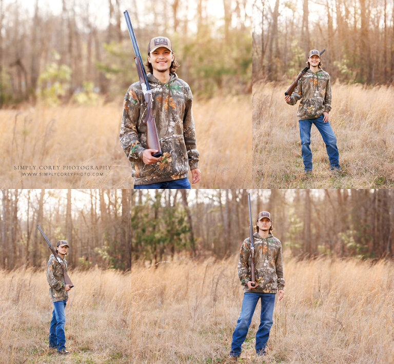 senior portrait photographer near Bremen, teen in camo in field with hunting rifle
