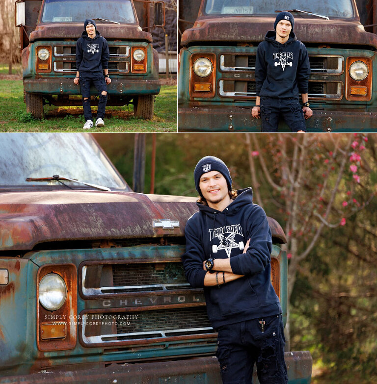 senior portrait photographer near Dallas, GA; teen boy with old truck