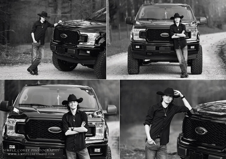 senior portrait photographer near Mableton, black and white photos of teen outside with truck