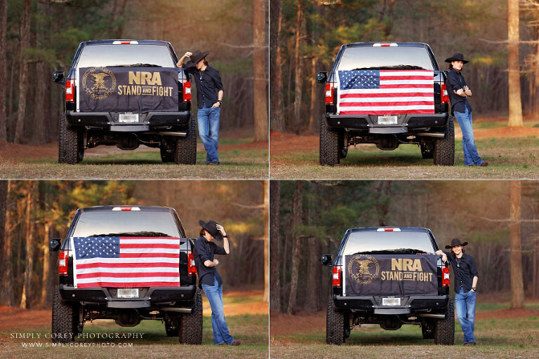senior portrait photographer near Tallapoosa, teen boy outside with flags on truck