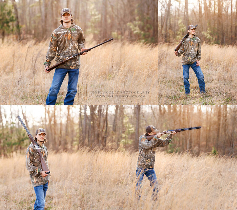 senior portraits near Carrollton, GA; teen boy outside in field with hunting rifle