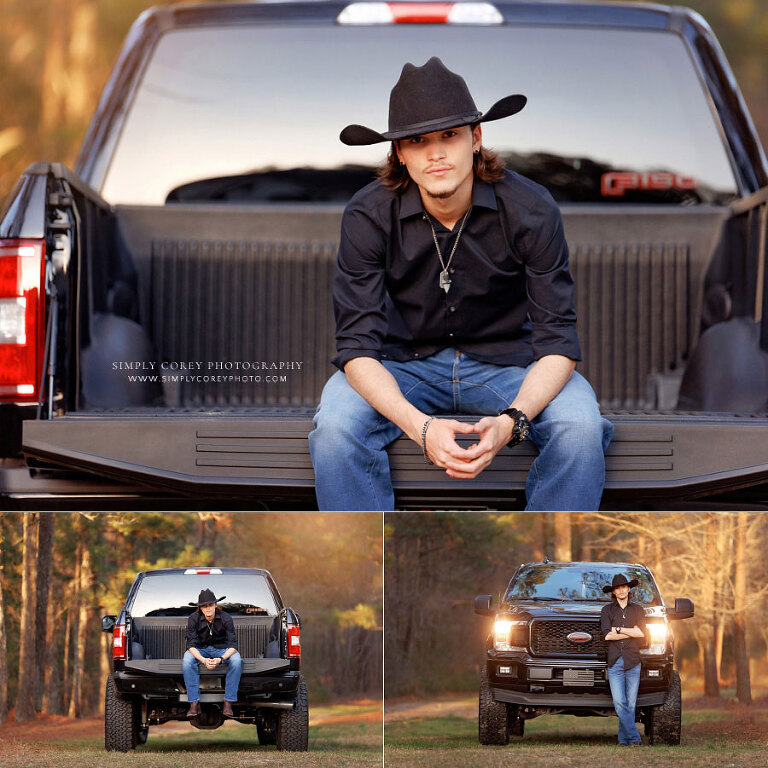 senior portraits near Dallas, GA; teen boy in cowboy hat with Ford truck