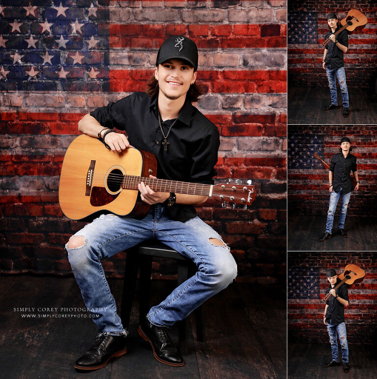 senior portraits near Powder Springs, teen boy with guitar and American flag backdrop