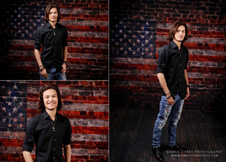 senior portraits near Tyrone, teen boy with American flag backdrop in studio