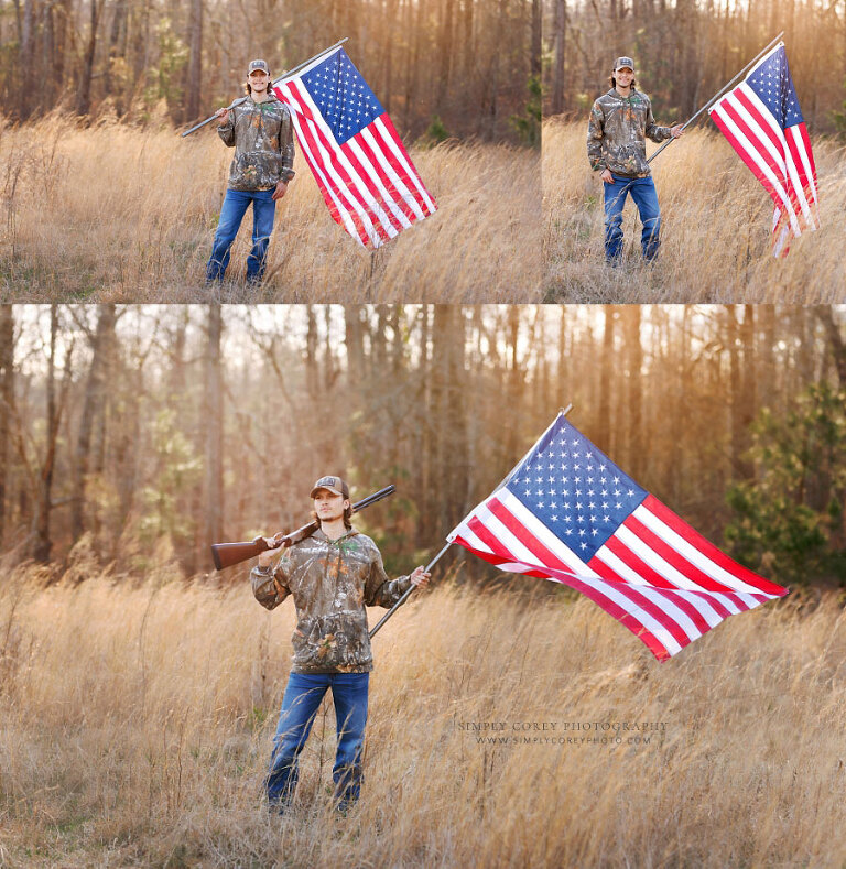 senior portraits in West Georgia, teen outside with large American flag