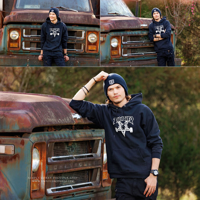 Tyrone senior portrait photographer, teen outside with vintage truck