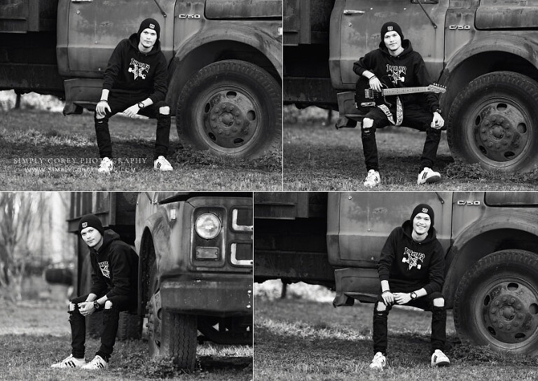Villa Rica senior portraits, teen outside with old truck in black and white