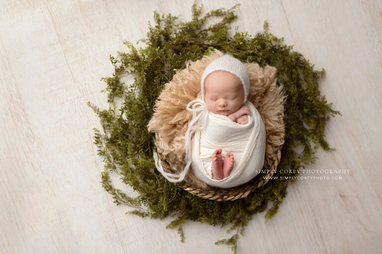Atlanta newborn photographer, baby boy in basket with greenery