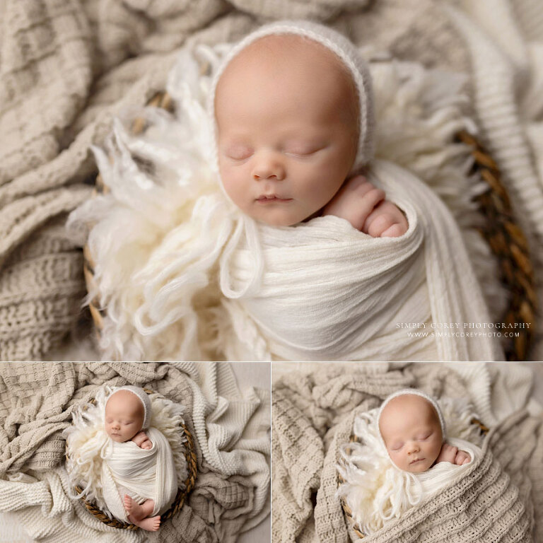 Carrollton newborn photographer in GA, baby boy in ivory hat and swaddle in basket