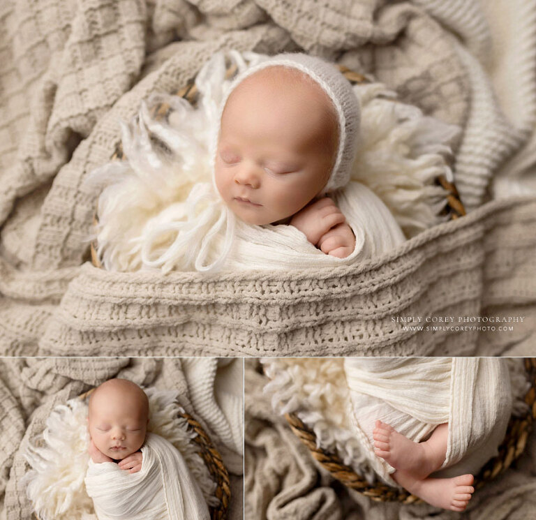 Douglasville newborn photographer, baby boy with neutral colored blankets