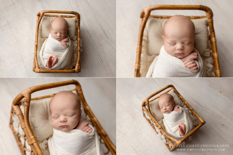 newborn photographer near Douglasville, baby boy in ivory wrap in basket bed