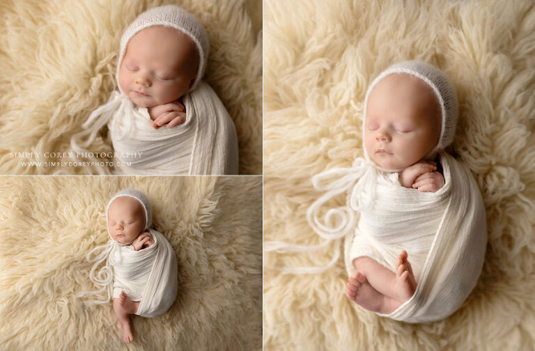 newborn photographer near Mableton, baby boy in ivory hat and swaddle on flokati