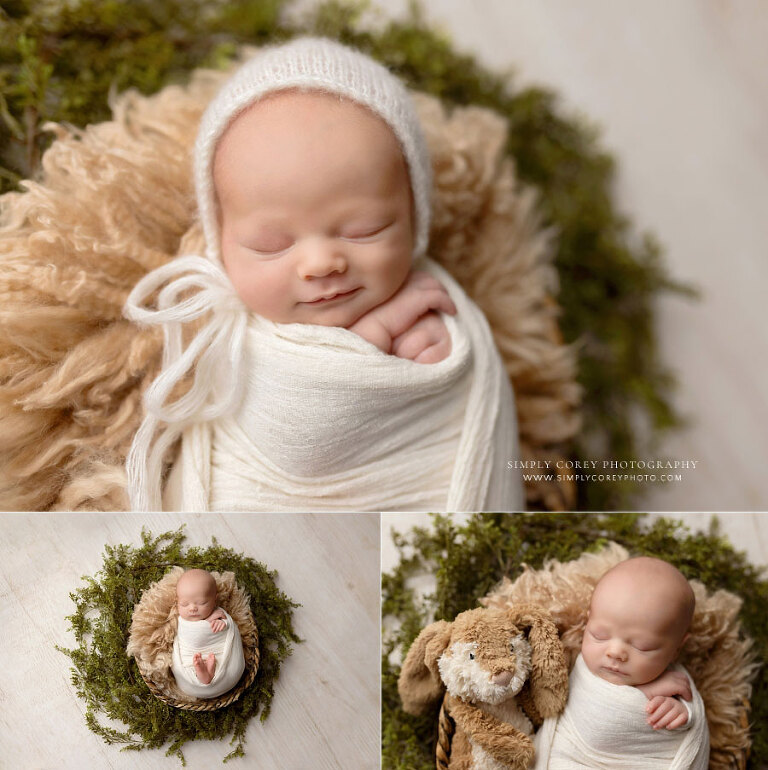 newborn photographer near Villa Rica, baby boy in hat with bunny in basket, 